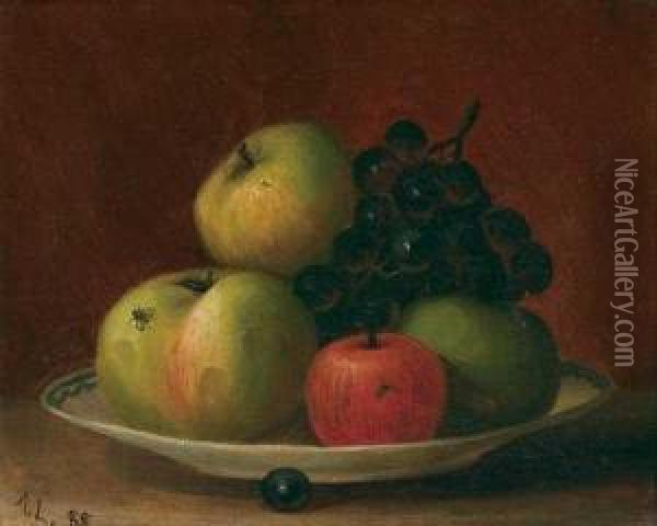 Apples In A Dish With Fly Oil Painting - August Laux