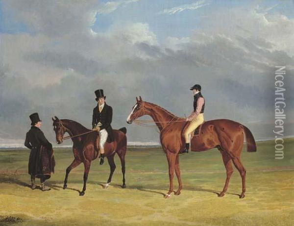 The Colonel With William Scott Up And John Scott On A Dark Bay Hack Oil Painting - John Frederick Herring Snr