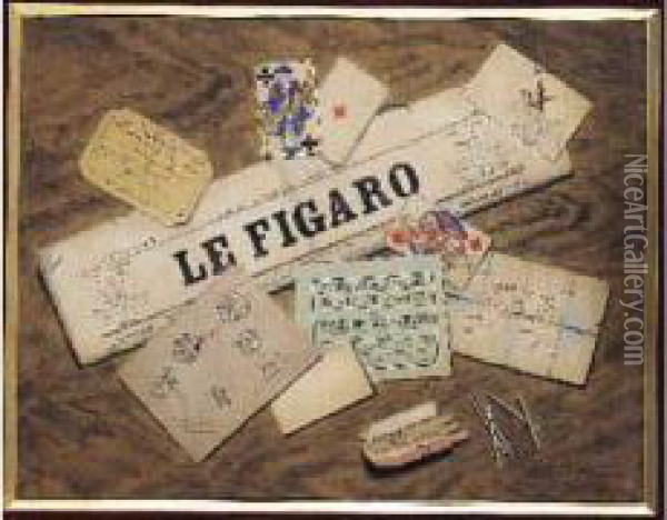 Le Figaro - Trompe-l'oeil Oil Painting - Eugene Jules Delahogue