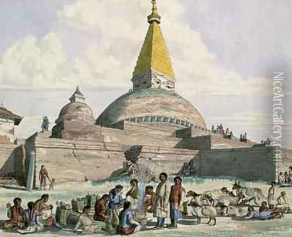 Tibetans and their Sheep at the Stupa at Bodnath near Kathmandu 1852-60 Oil Painting - Dr. H.A. Oldfield