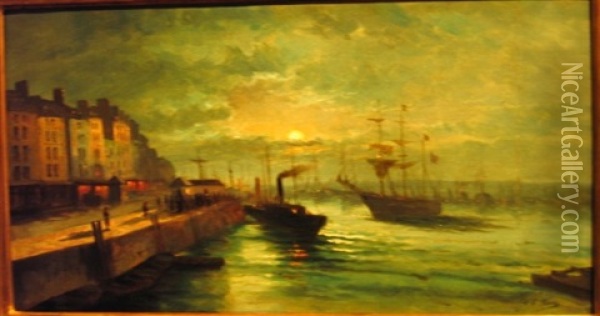 Moonlit Busting Port Scene Oil Painting - Elie Anatole Pavil