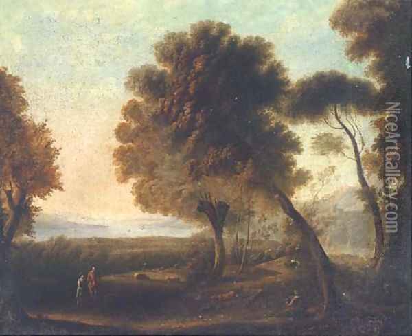 Figures in an arcadian landscape Oil Painting - George Lambert