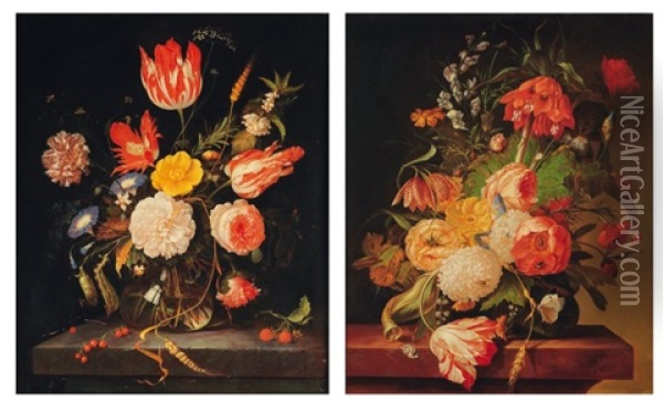 Bouquet De Fleurs Dans Un Vase Sur Un Entablement (2 Works) Oil Painting - Abraham Mignon