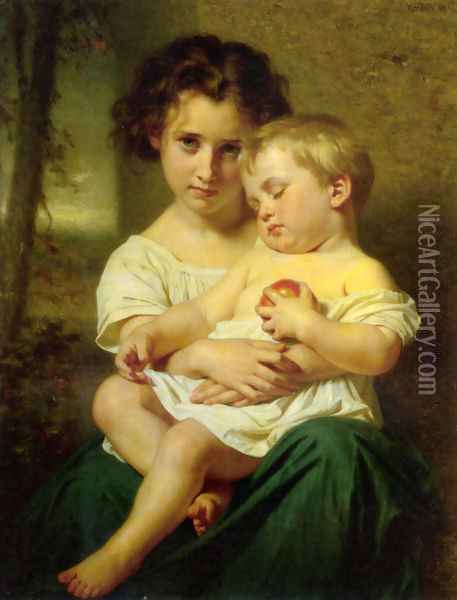 Jeune fille tenant un enfant endormi Oil Painting - Hugues Merle