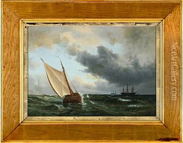 Marine With Sailing Ships On Open Sea Oil Painting - Daniel Hermann Anton Melbye