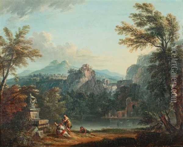 Paysage Arcadien A La Riviere Avec Des Promeneurs Au Pied D'un Tombeau Oil Painting - Jean Baptiste Lallemand