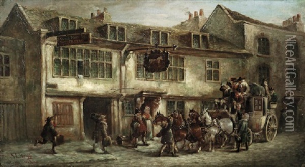 The Bath To London Coach Outside The White Horse Inn, Chelsea Oil Painting - John Charles Maggs