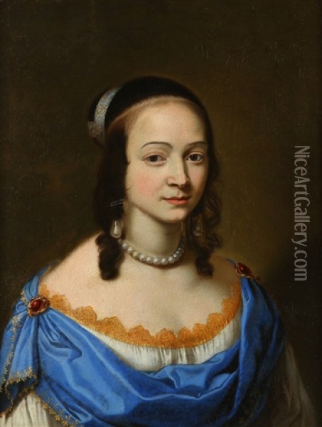 Portrait Of A Lady, Half-length, In A White Dress With Gold Trim And Blue Wrap Oil Painting - Nicolas Mignard