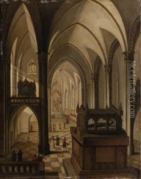 Interior Of A Gothic Cathedral With Elegant Figures Walking In Thenave Before A Tomb Oil Painting - Johann Jakob Hoch