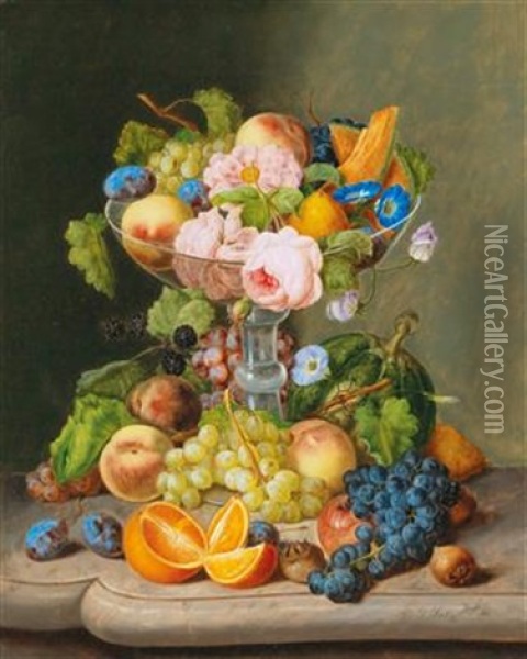 Large Still Life With Flowers And Fruit Oil Painting - Georg Seitz
