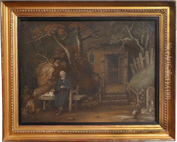 Man Seated Beneath The Branches Ofa Tree, A Dog By His Side, Beside The Entrance To A Thatchedcottage Oil Painting - Benjamin Zobel