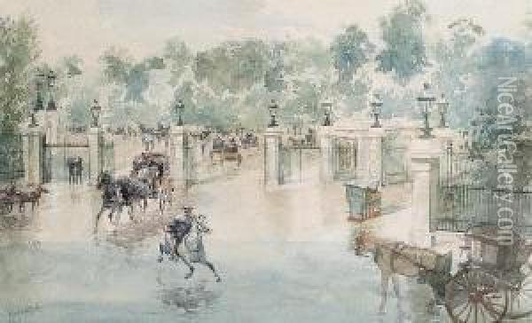 Buckingham Gate, St. James's Park - A Wet Day Oil Painting - Edwin Arthur Norbury