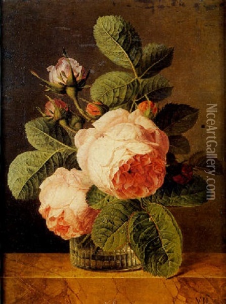 Nature Morte Au Bouquet De Roses Dans Un Vase En Verre Sur Un Entablement Oil Painting - Jan Frans Van Dael