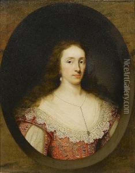 Portrait Of A Lady Of The 
Chetwynd Family, Bust-length, In A Red Brocade Dress With Lace Trim, A 
Miniature With Her Coat-of-arms Hanging From Her Neck, In A Painted Oval
 With A Marble Surround Oil Painting - Cornelius Janssens Van Ceulen