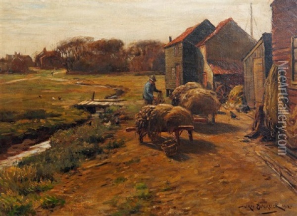 Rural Scene With Figure Working Near A Barn Oil Painting - William Kay Blacklock