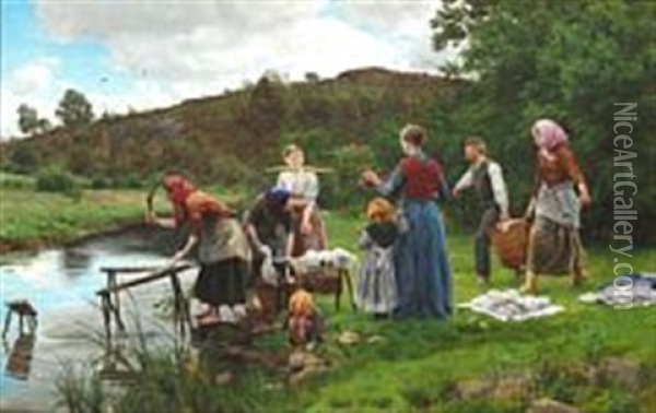 Women And Girls Washing Clothes By A River In Holland Oil Painting - Joakim Frederik Skovgaard