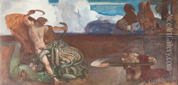Herkules Und Die Lernaische Hydra Oil Painting - Rudolf Jettmar