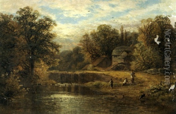 Fishing Along The Mill Stream Oil Painting - Alfred Augustus Glendening Sr.