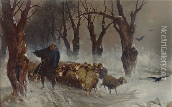 Schafe Im Schneesturm Oil Painting - Adolf Ernst Meissner