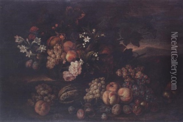 Peaches, Grapes, Pomegranates And Plums With Roses, Carnations And Other Flowers In A Basket, With A Melon, Peaches, Grapes And Plums In A Landscape Oil Painting - Jean-Baptiste Belin de Fontenay the Elder