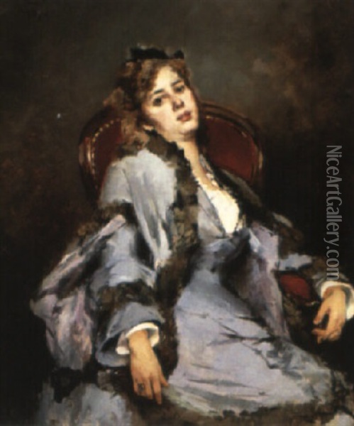 Young Lady Sitting Oil Painting - Francisco Miralles y Galup