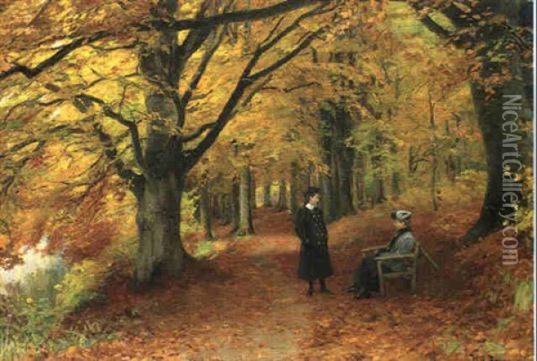 En Efterarsdag I Skoven Jmed To Unge Kvinder Ved En Baenk Oil Painting - Hans Andersen Brendekilde