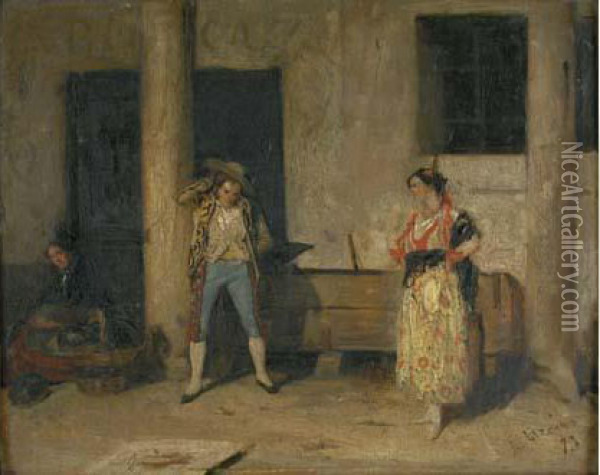 Couple Espagnol Dans Un Patio Oil Painting - Angel Lizcano Y Monedero