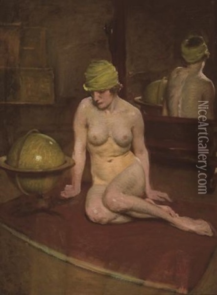 Model With Globe Oil Painting - Lindsay Bernard Hall