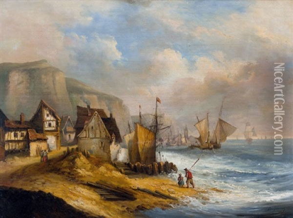 Felsige Kuste Mit Segelschiffen Und Dorf Oil Painting - Jean Baptiste Charles Desgrange