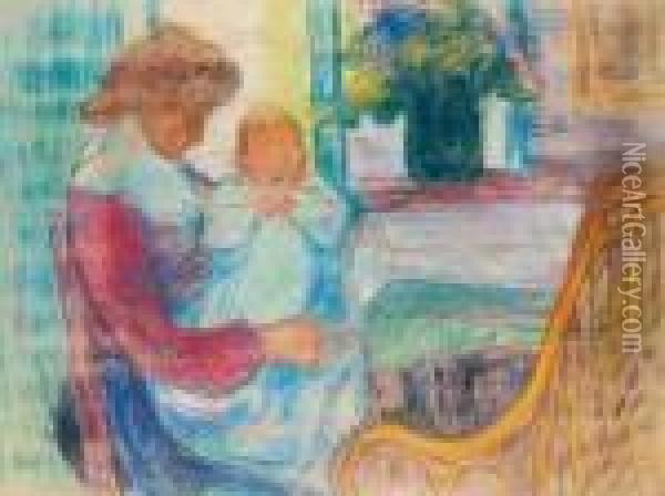 Maternite Au Bouquet De Fleurs Oil Painting - Jean Peske