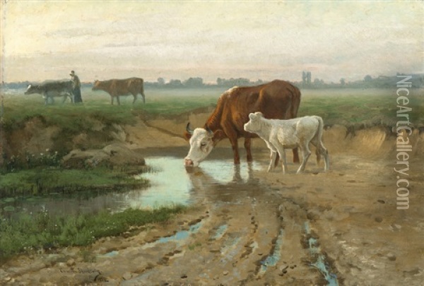 Landscape With Cows And A Cowgirl Oil Painting - Christian Eriksen Skredsvig