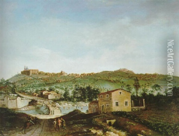 Fluslandschaft Mit Einer Brucke, Im Hintergrund Eine Stadt Oil Painting - Bernardo Bellotto