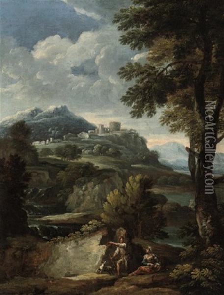An Italianate Wooded River Landscape With Shepherds And Their Dog By A Waterfall, Ruins Beyond Oil Painting - Giovanni Francesco Grimaldi