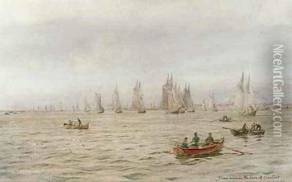 Timber carriers on the Neva off Cronstadt, Russia Oil Painting - William Lionel Wyllie
