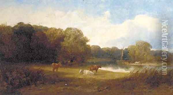 A tranquil river landscape with cattle in the foreground Oil Painting - George Snr Cole