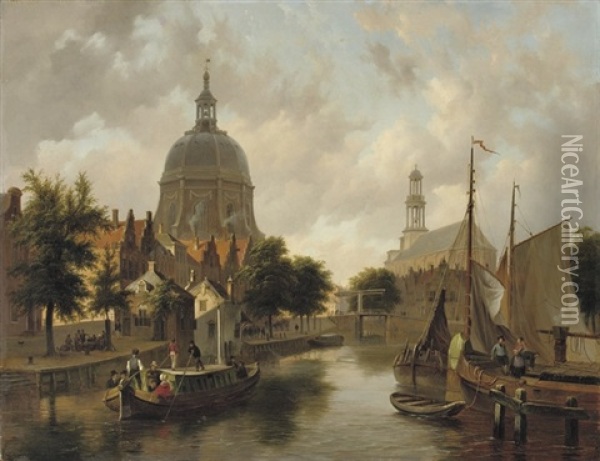 A Capriccio View Of Leiden, With The Marekerk And The Oude Singel Oil Painting - Bartholomeus Johannes Van Hove
