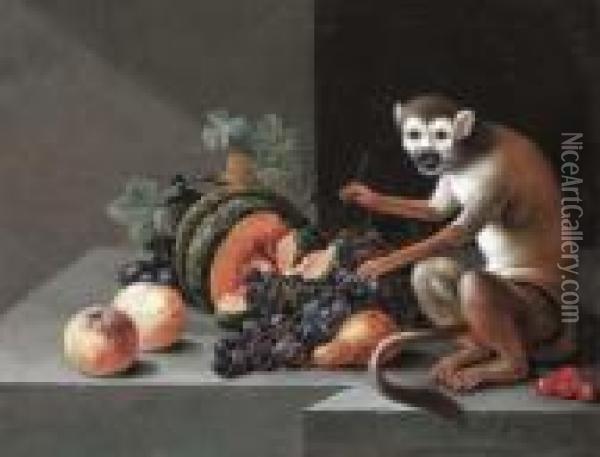 A Monkey With Grapes, Peaches, A Melon And Other Fruit On A Stoneledge Oil Painting - Johann Amandus Winck