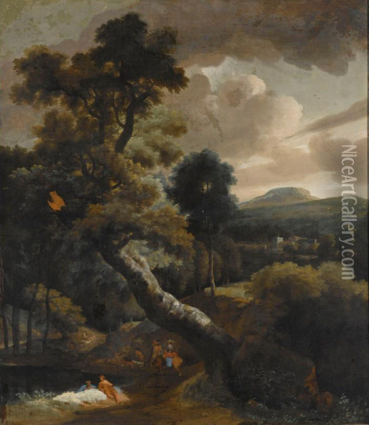 Other Properties
 

 
 
 

 
 A Wooded Hilly Landscape With Figures Resting Near A Stream, Horsemen On A Path Nearby, A View Of A Town Beyond Oil Painting - Jacob Esselens