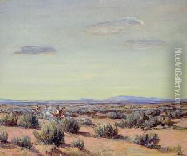 Indians Hunting Rabbits In Sage Brush Oil Painting - Oscar Edmund Berninghaus