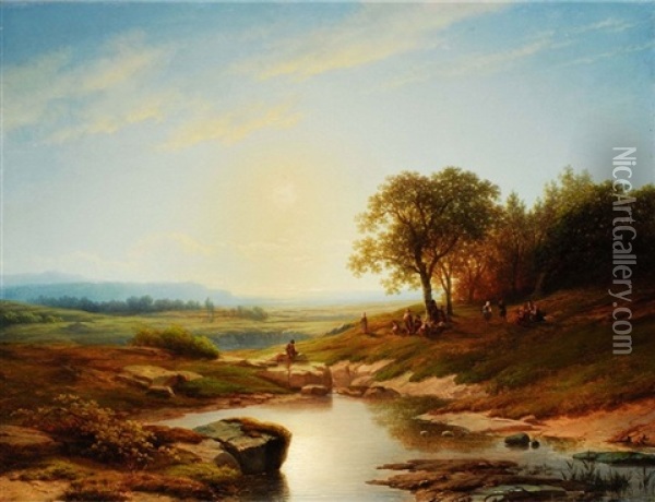 Tiefe Bachlandschaft Mit Figurenstaffage Bei Sonnenuntergang Oil Painting - Cornelis Lieste