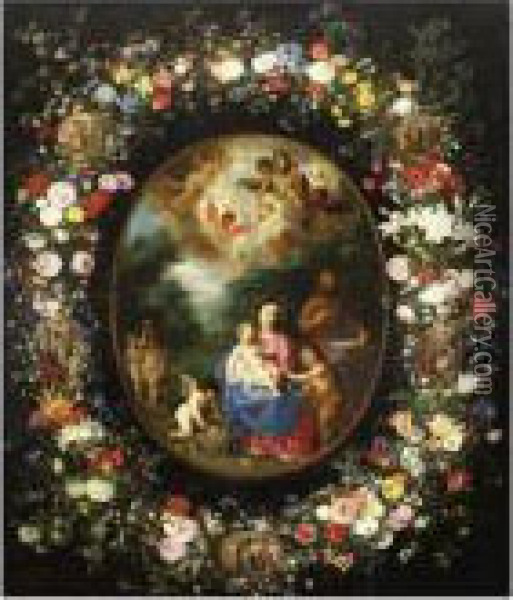 The Holy Family With The Infant 
Saint John The Baptist And Angels In A Landscape, Within A Garland Of 
Flowers Containing Medallions With Scenes From The Life Of The Virgin Oil Painting - Jan Brueghel the Younger