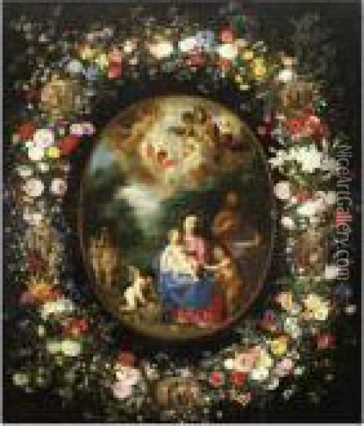 The Holy Family With The Infant 
Saint John The Baptist And Angels In A Landscape, Within A Garland Of 
Flowers Containing Medallions With Scenes From The Life Of The Virgin Oil Painting - Jan Brueghel the Younger