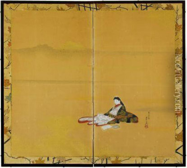 Paravent A Deux Feuilles Oil Painting - Suzuki Motonaga Kiitsu