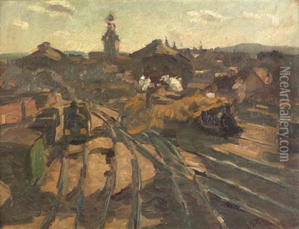 Vor Den Einfahrtshallen Des Alten Stuttgarter Bahnhofs Oil Painting - Hermann Pleuer