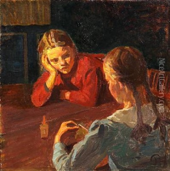 Interior With Two Girls At A Table Oil Painting - Peter Marius Hansen