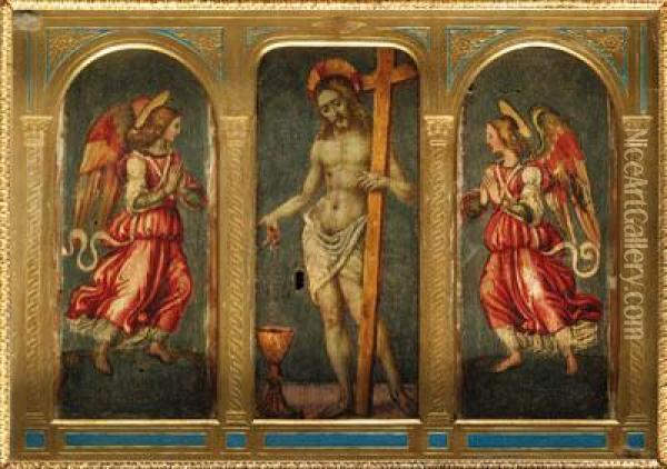 The Blood Of The Redeemer; And Adoring Angels - Panels From Aciborium Oil Painting - Arcangelo Di Jacopo Del Sellaio