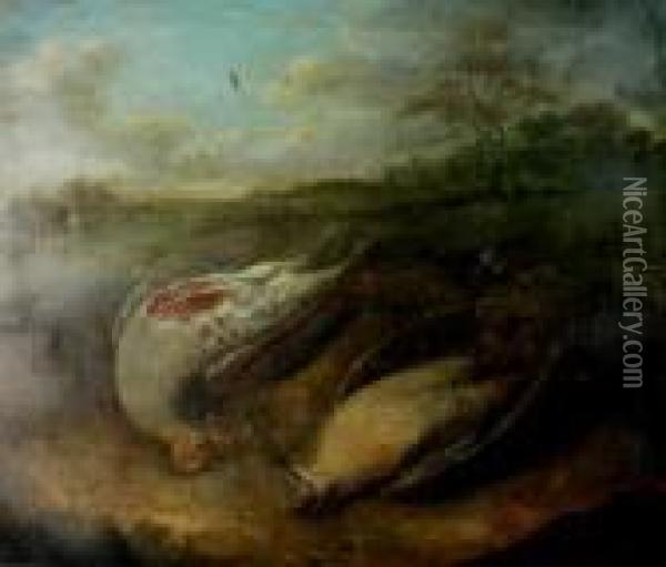 Still Life Of Woodcock And Partridge In Landscape Oil Painting - Stephen Elmer