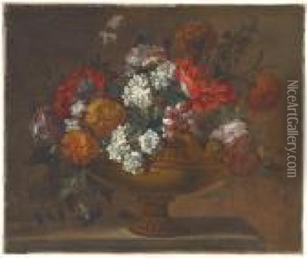 Peonies, Tulips And Other Flowers In An Urn On A Ledge Oil Painting - Pieter III Casteels