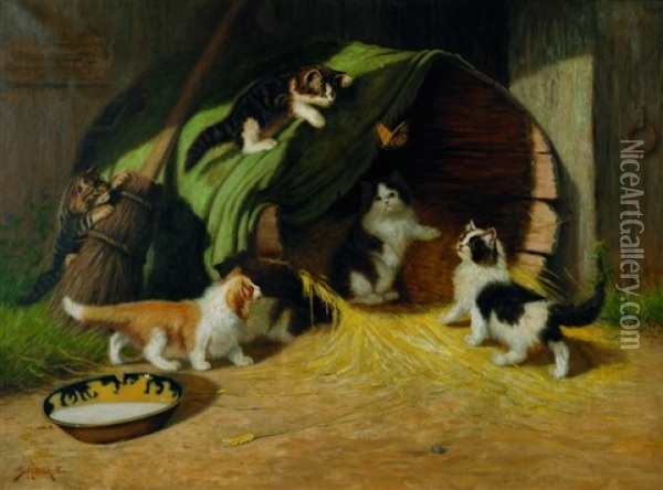 Kittens In The Barnyard Oil Painting - Sidney Lawrence Brackett