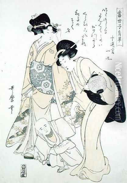 Lady and a Nursemaid Teaching a Child to Walk Oil Painting - Kitagawa Utamaro